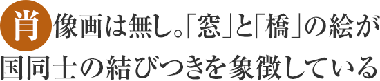 肖像画は無し。「窓」と「橋」の絵が国同士の結びつきを象徴している